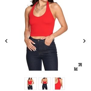 red seamless smocking halter tank top